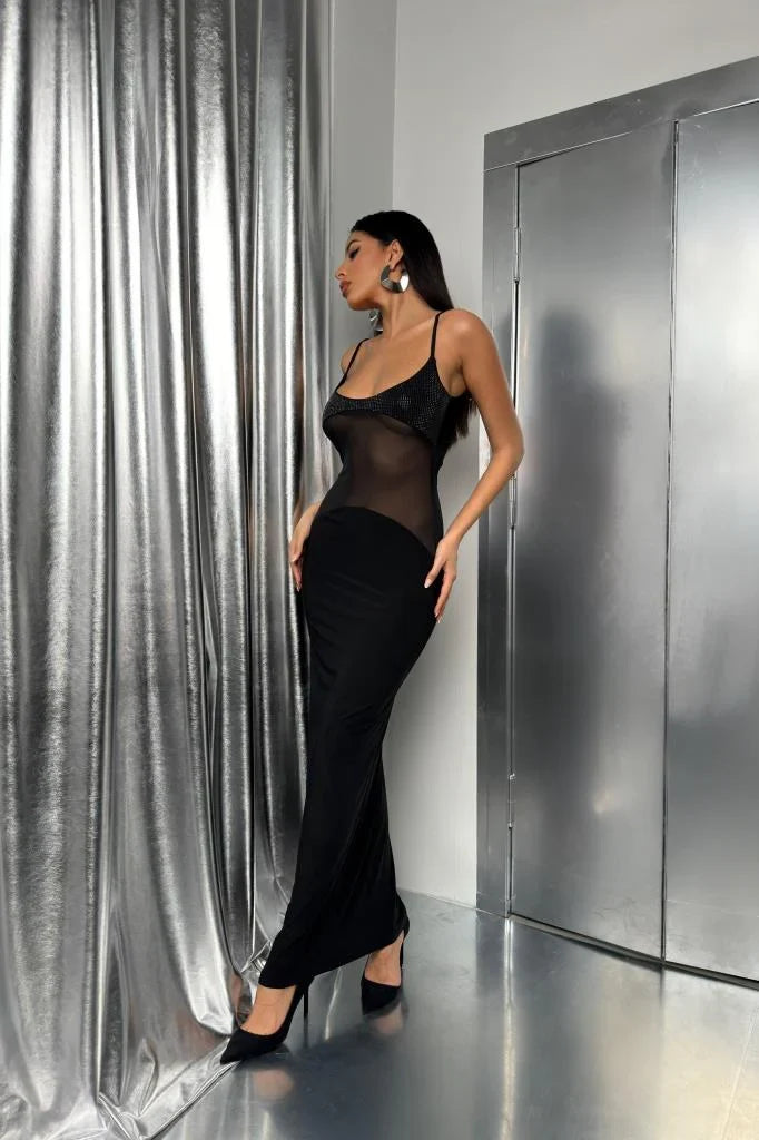 Tulle Garnished Sequined Maxi Dress
